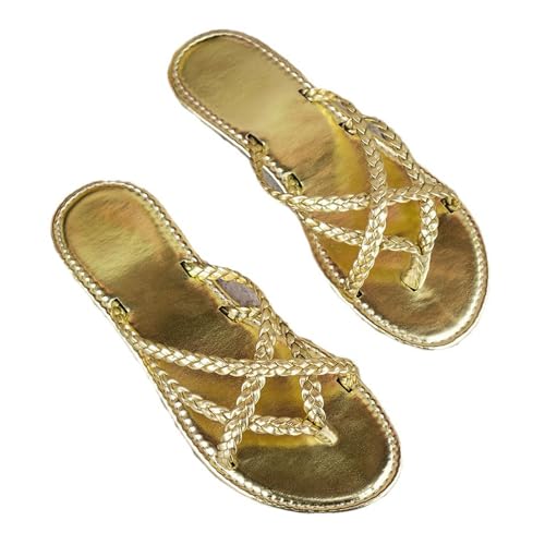 QUINTO Flache Sandalen, neue einfarbige gewebte Flip-Toe-Sandalen für den Sommer 2024, Frauen tragen Strandsandalen,Gold,36 von QUINTO
