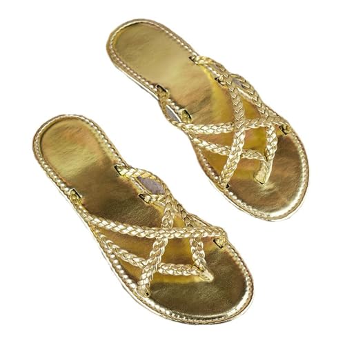 QUINTO Flache Sandalen, neue einfarbige gewebte Flip-Toe-Sandalen für den Sommer 2024, Frauen tragen Strandsandalen,Gold,39 von QUINTO