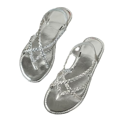 QUINTO Flache Sandalen, neue einfarbige gewebte Flip-Toe-Sandalen für den Sommer 2024, Frauen tragen Strandsandalen,Silber,39 von QUINTO