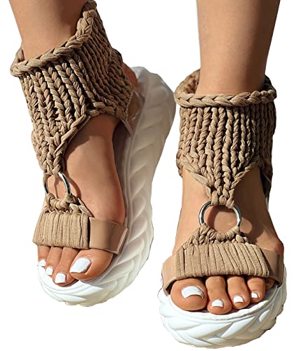 QUINTO Frauen Mode Strand Tragen Flache Schuhe Einfarbig Geflochtener StrickAusschnitt Plateau Sandalen,Braun,37 von QUINTO