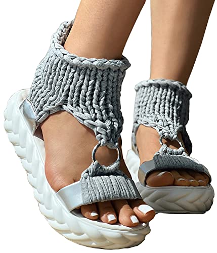 QUINTO Frauen Mode Strand Tragen Flache Schuhe Einfarbig Geflochtener StrickAusschnitt Plateau Sandalen,Grau,41 von QUINTO