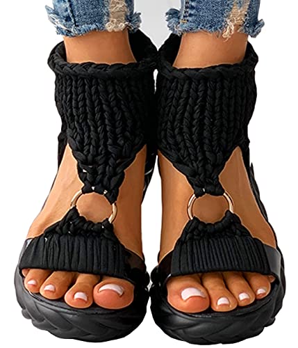 QUINTO Frauen Mode Strand Tragen Flache Schuhe Einfarbig Geflochtener StrickAusschnitt Plateau Sandalen,Schwarz,39 von QUINTO