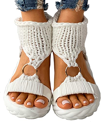 QUINTO Frauen Mode Strand Tragen Flache Schuhe Einfarbig Geflochtener StrickAusschnitt Plateau Sandalen,Weiß,39 von QUINTO