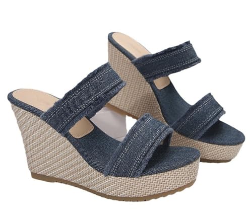 QUINTO Keilsandalen für Frauen Plateau Keilabsätze Espadrilles Sandalen mit offener Zehe Knöchelriemen Slip-On-Sandalen Orthopädische Sandalen,Blau,36 von QUINTO