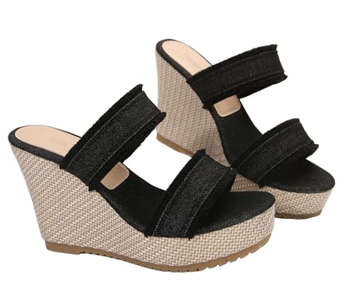 QUINTO Keilsandalen für Frauen Plateau Keilabsätze Espadrilles Sandalen mit offener Zehe Knöchelriemen Slip-On-Sandalen Orthopädische Sandalen,Schwarz,37 von QUINTO