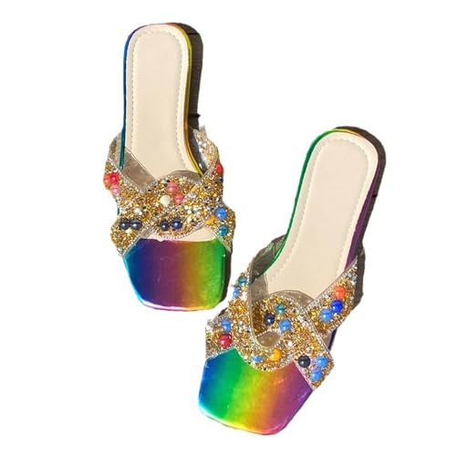 QUINTO Sandalen Damen - elegante Pantoletten für Frauen - modische Slides flat - Sandalen mit Strasssteinen,Color 2,37 von QUINTO