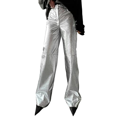 QUINTRA , locker sitzende PU-Hose aus silbernem, lässige Hose mit weitem Bein, hohe Taille, gerade Beinhose Weiße Hose Damen Berufskleidung (Silver, S) von QUINTRA