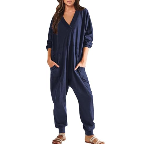QUINTRA Damen Casual Loose Jumpsuits Langarm V-Ausschnitt Übergroße Strampler Baggy Overalls Pyjamas Jumpsuit Kurz Damen Schlafen (Blue, XXL) von QUINTRA