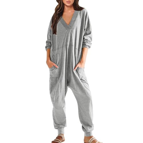QUINTRA Damen Casual Loose Jumpsuits Langarm V-Ausschnitt Übergroße Strampler Baggy Overalls Pyjamas Jumpsuit Kurz Damen Schlafen (Grey, XXL) von QUINTRA