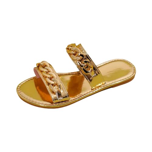 QUINTRA Damen Golden Slip On Slides Flache Sandalen Kette Zwei Riemen Leichte Outdoor Walking Wandern Sportschuhe (Gold, 36) von QUINTRA