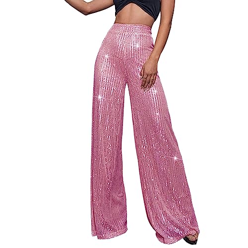 QUINTRA Damen-Hosen mit hoher Taille und Pailletten, locker drapiert, weites Bein, modische Freizeithose Jeanshose Mit Glitzer (Pink, M) von QUINTRA