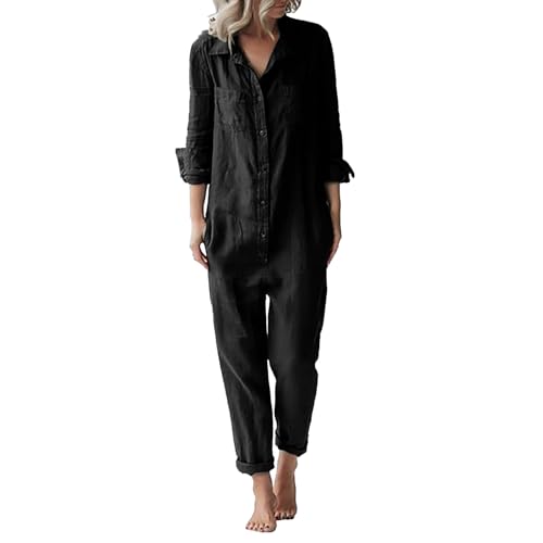 QUINTRA Damen-Overall aus Baumwolle und Leinen, modisch, lässig, lockeres, lange Ärmel, Knopfleiste und Taschen Jumpsuit Erwachsene Kuschelig (Black, XXXL) von QUINTRA