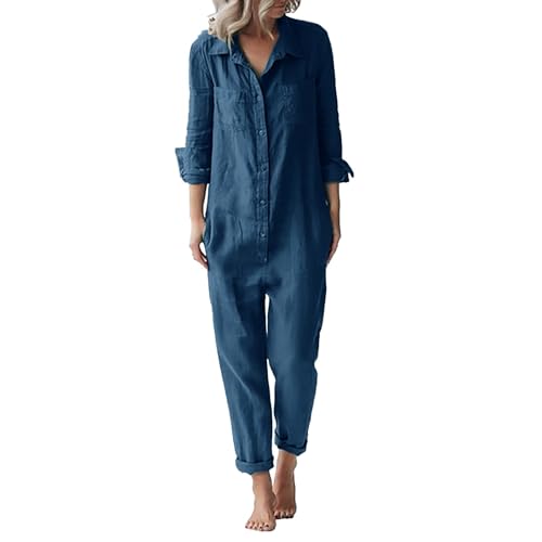 QUINTRA Damen-Overall aus Baumwolle und Leinen, modisch, lässig, lockeres, lange Ärmel, Knopfleiste und Taschen Jumpsuit Erwachsene Kuschelig (Blue, L) von QUINTRA