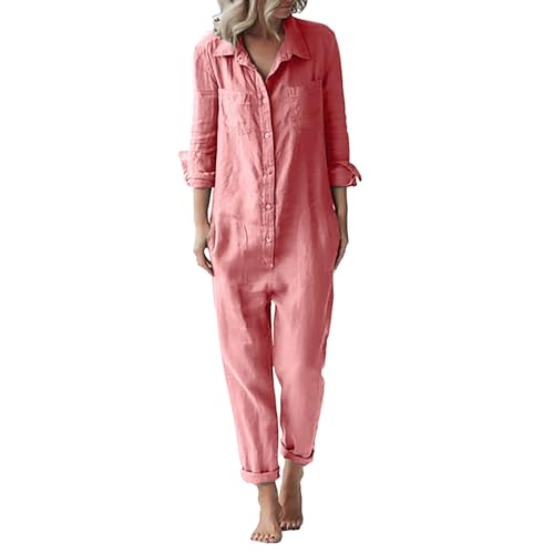 QUINTRA Damen-Overall aus Baumwolle und Leinen, modisch, lässig, lockeres, lange Ärmel, Knopfleiste und Taschen Jumpsuit Erwachsene Kuschelig (Pink, L) von QUINTRA