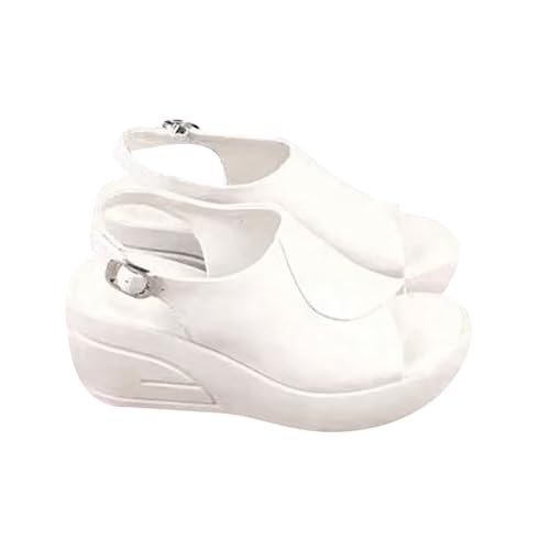 QUINTRA Damen PU High Plateau Slip On Keilsandalen Open Toe Heels Schuhe Weiche Sohle Elegante Sommerpantoletten mit Schnallenriemen (White, 40) von QUINTRA