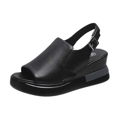 QUINTRA Damen PU Keil Plattform Sandalen Offene Zehe Slip auf Sandale Dressy Sommer Strand Schuhe mit verstellbaren Schnallenriemen (Black, 41) von QUINTRA