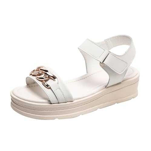 QUINTRA Damen PU Plateau Wedges Sandalen Metallische Kettenriemen rutschfeste weiche Sohle lässige Sommer-Strandschuhe (White, 38) von QUINTRA