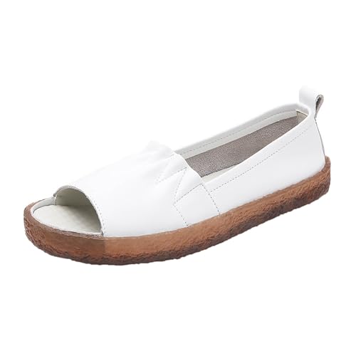 QUINTRA Damen PU Vintage Flache Sandalen Fischmaul Offene Zehen Bequeme Outdoor-Sport-Slip-On-Sandale Lässiges Sommerkleid Schuhe (White, 35) von QUINTRA