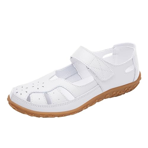 QUINTRA Damen PU flache Sandalen Geschlossene Zehen Hohle Atmungsaktive Outdoor-Sportsandale Anti-Rutsch-lässige Sommerkleidschuhe (White, 35) von QUINTRA