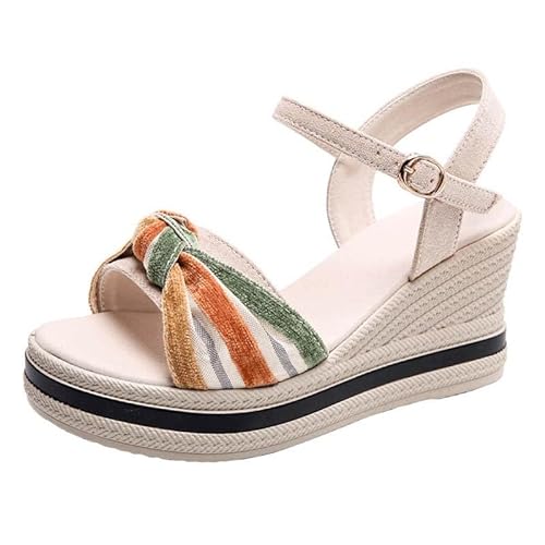 QUINTRA Damen Plateau Espadrilles Keile Sandalen Knoten Riemen Verstellbarer Knöchelriemen Bequeme High Heels Sommerschuhe (White, 37) von QUINTRA