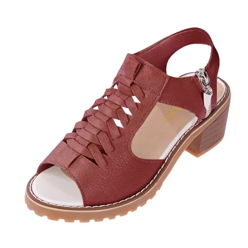 QUINTRA Damen Sandalen mit niedrigem Blockabsatz Ausschnitte Offene Zehen Reißverschluss Sandale Rutschfeste Casual Sommer Strandkleid Schuhe (Red, 39) von QUINTRA