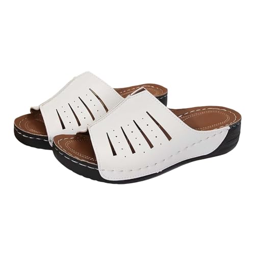 QUINTRA Damen Sommer PU Pantoletten Sandalen Ausschnitte Atmungsaktiv Weich Keil Plattform Sandale Dressy Sommer Strand Schuhe (White, 39) von QUINTRA