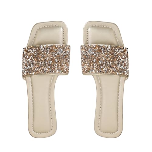 QUINTRA Damen Strass Flache Sandalen PU Quadratisch Offene Zehe Bequeme Slip-On Slides Dressy Sommer Strandschuhe (Gold, 39) von QUINTRA