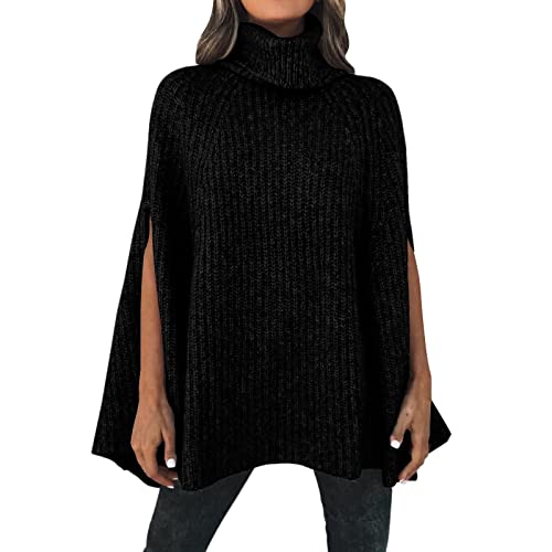 QUINTRA Damen Winter Rollkragen Poncho Pullover Mode Grobstrick Cape Wrap Pullover Pullover Pullover Tops Stirnband Alpaka (Black, M) von QUINTRA