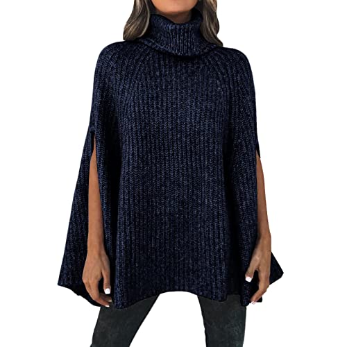 QUINTRA Damen Winter Rollkragen Poncho Pullover Mode Grobstrick Cape Wrap Pullover Pullover Pullover Tops Stirnband Alpaka (Navy, M) von QUINTRA