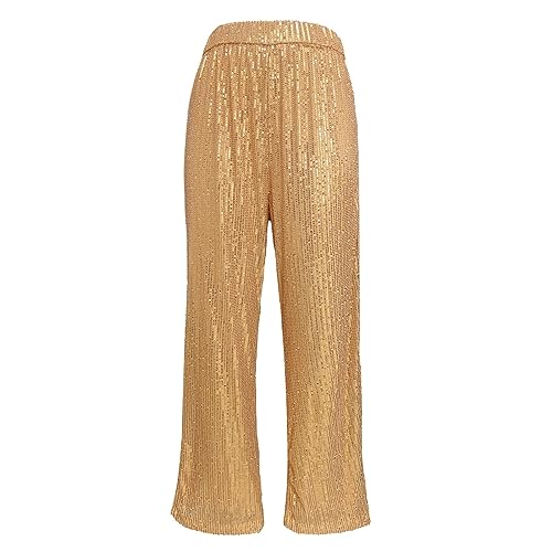 QUINTRA Einfarbige, mit Pailletten besetzte Damen-Freizeithose mit hoher Taille und geradem Bein Hose Damen Trend (Gold, M) von QUINTRA