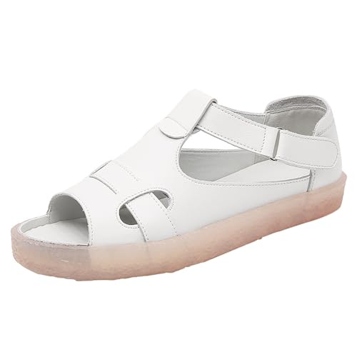 QUINTRA Flache Damensandalen aus PU mit offenem Zehenausschnitt T-Riemen Outdoor-Sportsandale Lässige Sommerschuhe mit verstellbarer Schnalle (White, 38) von QUINTRA