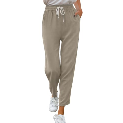 QUINTRA Jogginghose Damen Lang Baumwolle Leinen Freizeithose lässig Kordelzug Sweatpants (Khaki, XXXL) von QUINTRA