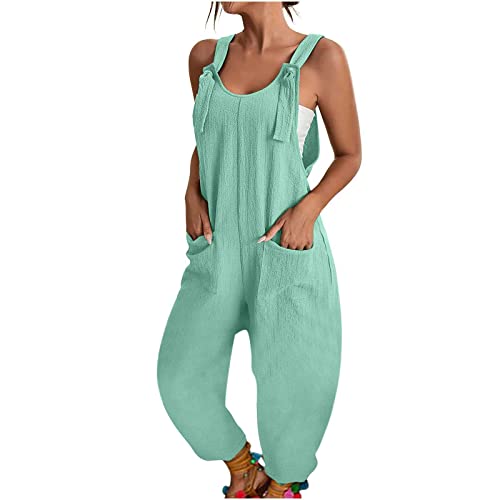 QUINTRA Jumpsuit Damen U-Ausschnitt Ärmellos Spaghettiträger Baggy Overall Haremshose mit Taschen (Mint Green, L) von QUINTRA