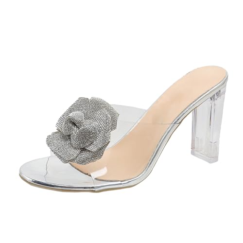 QUINTRA Offene Zehen Clear Heels für Frauen Strasssteine Blumen Chunky Block Heeled Slip On Sandalen Hochzeit Brautkleid Schuhe (Silver, 35) von QUINTRA