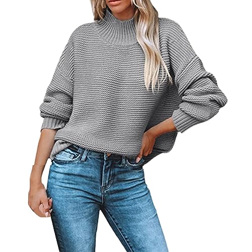 QUINTRA Pullover Damen Winter Rollkragenpullover Strickpullover Casual Rundhals Langarm Pulli Oberteile (Grey, XL) von QUINTRA