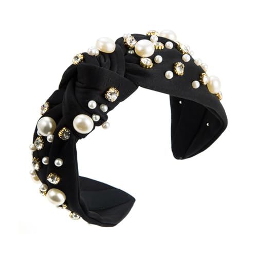 Stirnband Damen Diamond Pearl Denim Stoff Stirnband High Head Haarschmuck Stirnbänder Mädchen Kinder (Black, One Size) von QUINTRA