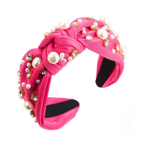 Stirnband Damen Diamond Pearl Denim Stoff Stirnband High Head Haarschmuck Stirnbänder Mädchen Kinder (Hot Pink, One Size) von QUINTRA