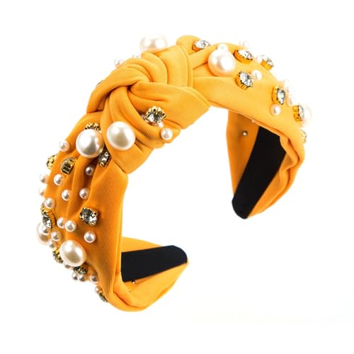 Stirnband Damen Diamond Pearl Denim Stoff Stirnband High Head Haarschmuck Stirnbänder Mädchen Kinder (Yellow, One Size) von QUINTRA