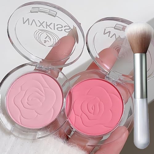 Rouge für Wangen Make up, Rose Shaped Pink Powder Blush Set, 2 Nuancen mit Make-up Pinsel, Matte Natural Long-Lasting, Wischfest & Schweißresistent Blush Palette für Frauen von QUIWEN