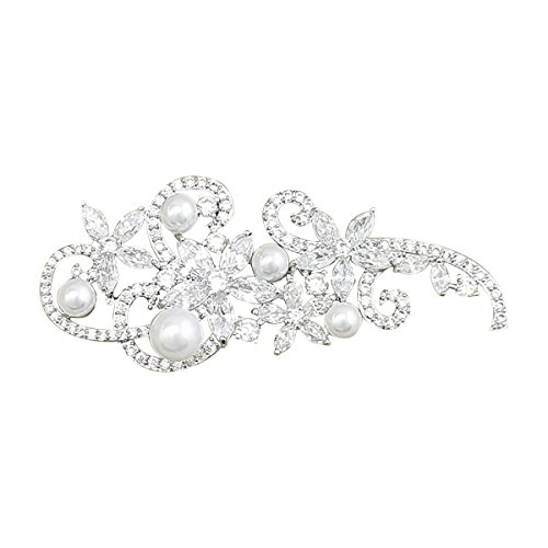 QUKE Damen Modeschmuck Weiß Strass Zirkonia Kristall Süßwasserperlen Hochzeit Braut Kleid Brosche von QUKE