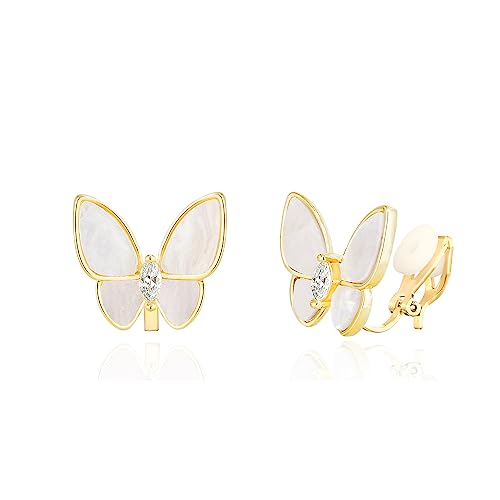 QUKE Schmetterling Form Weiß Muschel Ohrclips Ohrstecker Ohrringe Nicht Durchbohrt Gold Ohrstecker für Frauen Mädchen von QUKE