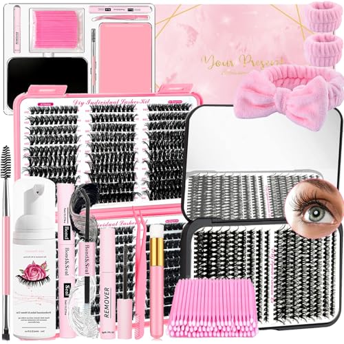 QUKLOGEN DIY Fluffy Wimpern Extensions Kit 900Pcs D Curl Individuelle Wimpern mit Wimpernkleber und Sealer,Kleber Entferner,Pinzette,Shampoo Bürste Handgelenk Waschbänder Wimpernbürste Applikator von QUKLOGEN