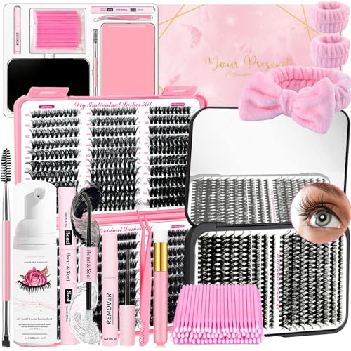QUKLOGEN DIY Fluffy Wimpern Extensions Kit 930Pcs D Curl Individuelle Wimpern mit Wimpernkleber und Sealer,Kleber Entferner,Pinzette,Shampoo Bürste Handgelenk Waschbänder Wimpernbürste Applikator von QUKLOGEN