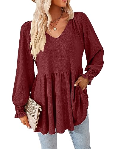 QUNERY Bluse Damen Langarm Oberteile Damen Langarmshirts Pullover Tops Blusen v Ausschnitt Damen Elegant Einfache Oversized Rotwein XL von QUNERY