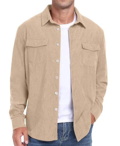 QUNERY Cordhemd Herren Langarm Button Down Freizeithemd Herbst Winter Regular Fit Jacke Mantel mit Klappentasche Beige L von QUNERY