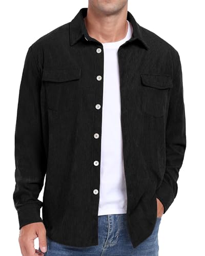 QUNERY Cordhemd Herren Langarm Button Down Freizeithemd Herbst Winter Regular Fit Jacke Mantel mit Klappentasche Schwarz L von QUNERY