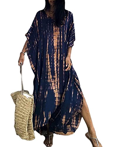 QUNERY Damen Kaftan Badeanzug Bikini Cover Up Free Size Kaftan Lange Tunika Strand Maxi Kleider, Marineblau gestreift, onesize von QUNERY