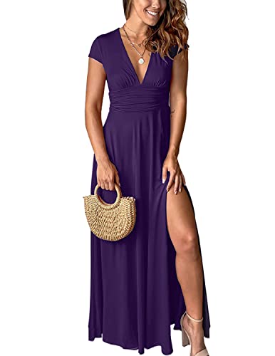 QUNERY Maxikleider Damen Sommer Kurzarm Strandkleider V-Ausschnitt Kleider Hohem Schlitz Lange Abendkleider Elegant für Hochzeit Cocktailkleid lila L von QUNERY