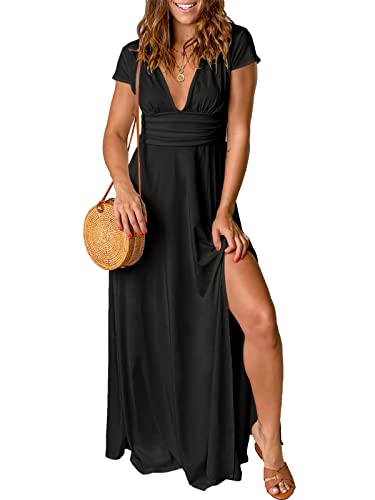 QUNERY Maxikleider Damen Sommer Kurzarm Strandkleider V-Ausschnitt Kleider Hohem Schlitz Lange Abendkleider Elegant für Hochzeit Cocktailkleid Schwarz M von QUNERY