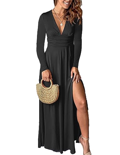 QUNERY Damen Kleid Elegant V Ausschnitt Langarm Kleider Herbst Winter wickelkleid Hohem Schlitz Lange Abendkleider Cocktail Kleid Partykleid Schwarz S von QUNERY